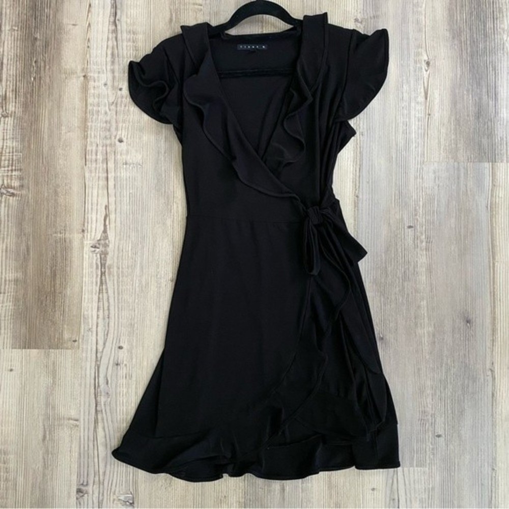 Tiana B LBD black knit wrap dress knee length ruffle trim medium tie-waist sz M